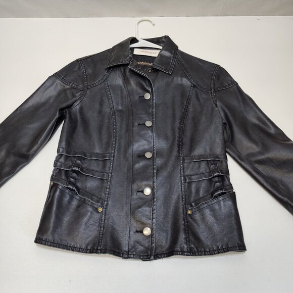Paris Blue Faux Leather Jacket Small (3-5) Snap Buttons Leopard Trim Detail VGC - Picture 3 of 11